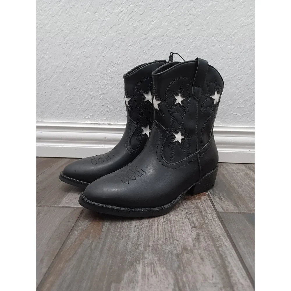 Wonder Nation Youth Girl's Black Square Toe Western Cowboy Stars Boots Sz 3
